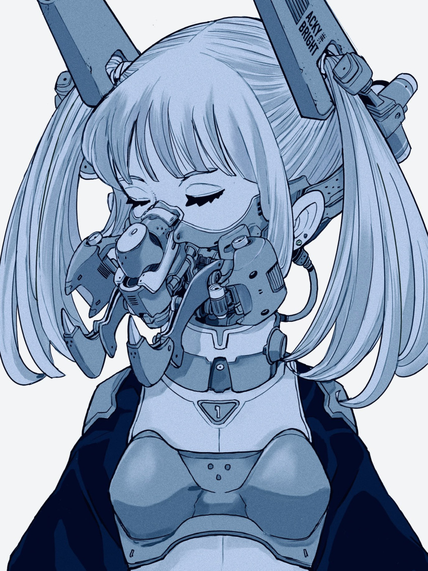 1girl aki001208 armor artist_name bangs black_shirt blue_theme breasts closed_eyes earrings fangs gas_mask hair_ornament highres jewelry mask mecha_musume mechanical_ears mechanical_parts mouth_mask numbered original plate_armor shirt simple_background small_breasts twintails white_background wide_sleeves