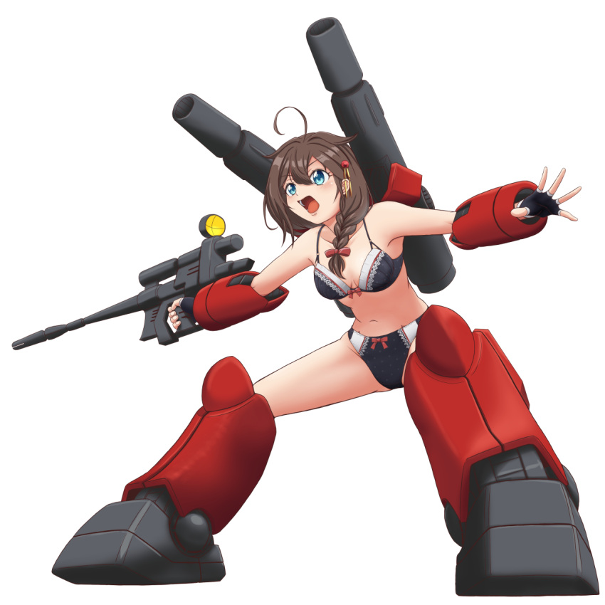 1girl ahoge beam_rifle black_bra black_gloves black_panties blue_eyes bow bow_bra bow_panties bra braid brown_hair energy_gun fingerless_gloves full_body gloves gun guncannon gundam hair_bow hair_flaps hair_over_shoulder highres holding holding_gun holding_weapon kantai_collection mecha_musume mobile_suit_gundam moke_ro open_mouth panties red_bow shigure_(kancolle) short_hair shoulder_cannon simple_background single_braid solo two-tone_bra two-tone_panties underwear weapon white_background