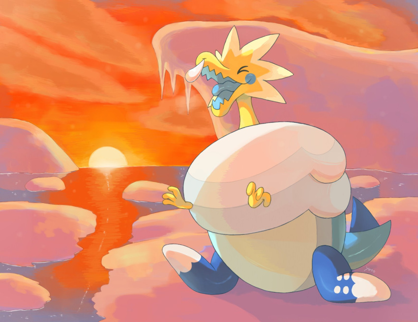 &gt;_&lt; arctozolt closed_eyes clouds commentary_request full_body happi_xfyg highres icicle no_humans nose_bubble open_mouth outdoors pokemon pokemon_(creature) reflection shiny signature sky solo sunset tongue twilight water