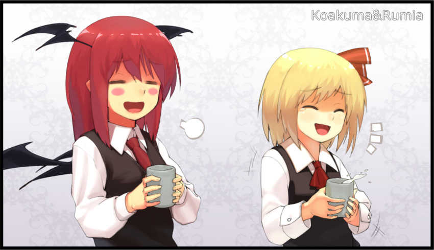 +++ 2girls :d =3 =_= ^_^ artist_request ascot bat_wings black_vest blonde_hair blush_stickers bow character_name closed_eyes collared_shirt cup dress_shirt eyebrows_visible_through_hair grey_background hair_between_eyes hair_bow happy head_wings highres holding holding_cup koakuma long_hair long_sleeves multiple_girls necktie painttool_sai_(medium) pointy_ears red_ascot red_bow red_necktie redhead rumia shirt short_hair sidelocks simple_background smile spilling touhou upper_body vest white_shirt wings