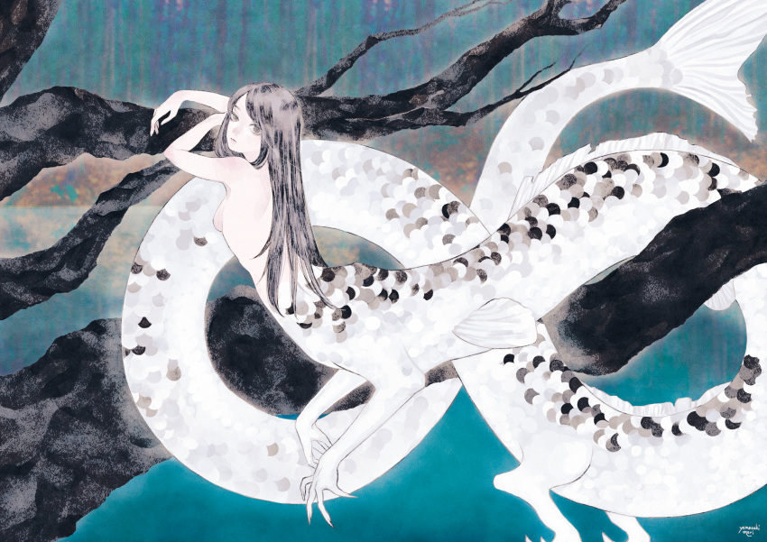 1girl arms_up bare_tree black_eyes black_hair branch breasts commentary_request completely_nude dragon dragon_girl eastern_dragon highres long_hair looking_at_viewer looking_back monster_girl nature nude original pole_mura scales sideboob solo straight_hair taur tree