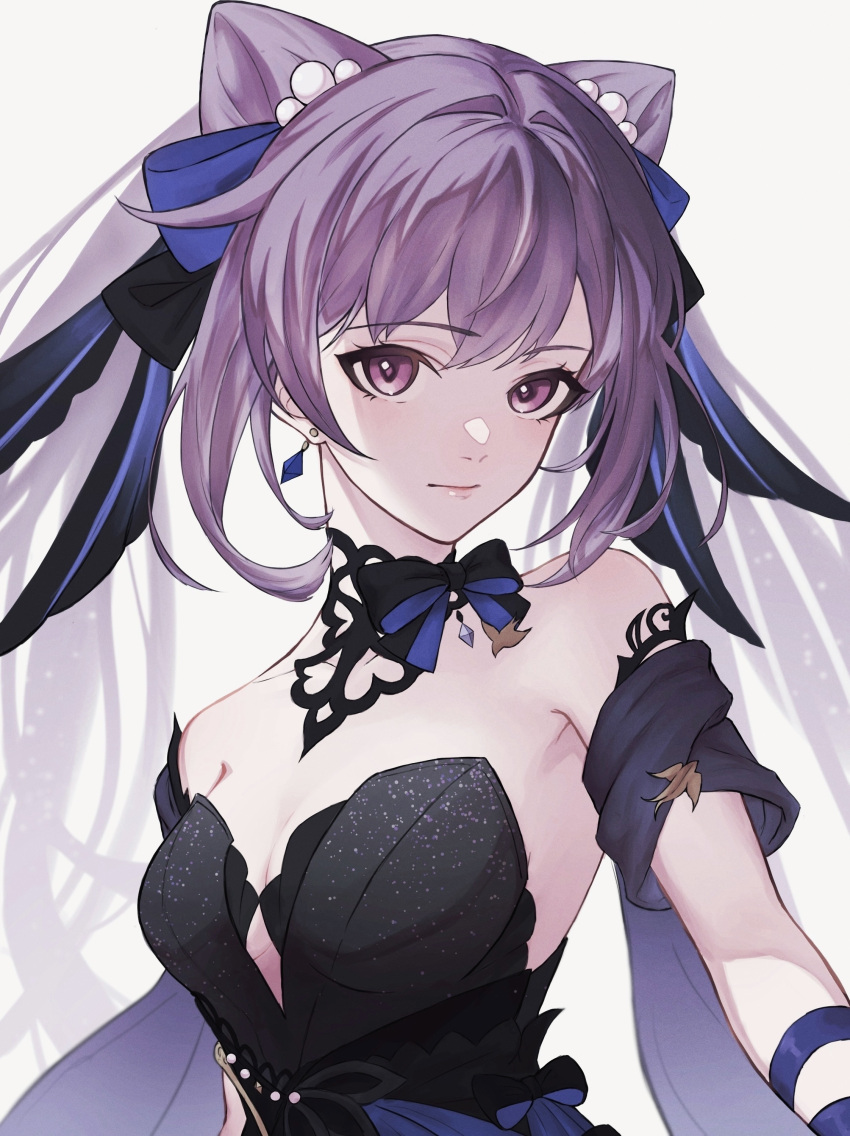 1girl absurdres bangs bare_shoulders bow breasts closed_mouth commentary_request detached_collar dress earrings eyebrows_visible_through_hair genshin_impact hair_bow hair_ornament highres jewelry keqing_(genshin_impact) keqing_(opulent_splendor)_(genshin_impact) kochi_4 lips long_hair looking_at_viewer medium_breasts purple_hair simple_background strapless strapless_dress violet_eyes