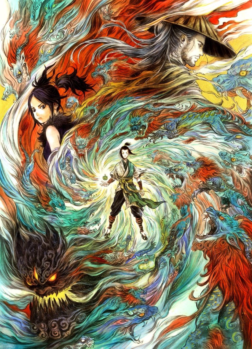 1girl 2boys arm_at_side arm_guards beard black_hair breasts character_request chinese_commentary closed_eyes colorful dragon eastern_dragon facial_hair facing_viewer feng_yu_zhou fire floating floating_hair floating_object hat highres long_hair looking_at_viewer looking_away looking_back monster multiple_boys pants sash short_sleeves sleeveless spiral straw_hat tataka510 topknot twintails visible_air