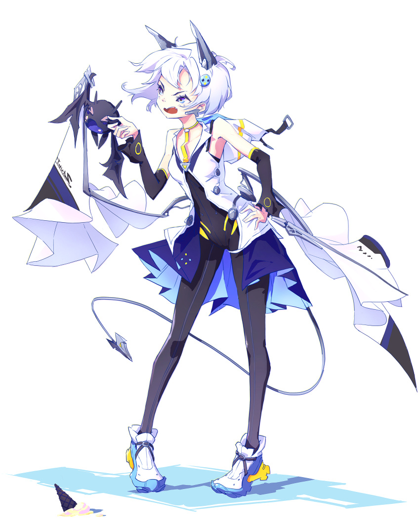 1girl 327564857 \||/ absurdres bare_shoulders black_legwear blue_eyes breasts commentary_request demon_girl demon_tail detached_sleeves fang fantasy gold_trim hand_on_hip hand_up highres legs legs_apart mecha_musume mechanical_ears mechanical_wings open_mouth original shoes short_hair simple_background skin_fang small_breasts sneakers solo standing tail white_background white_hair wings
