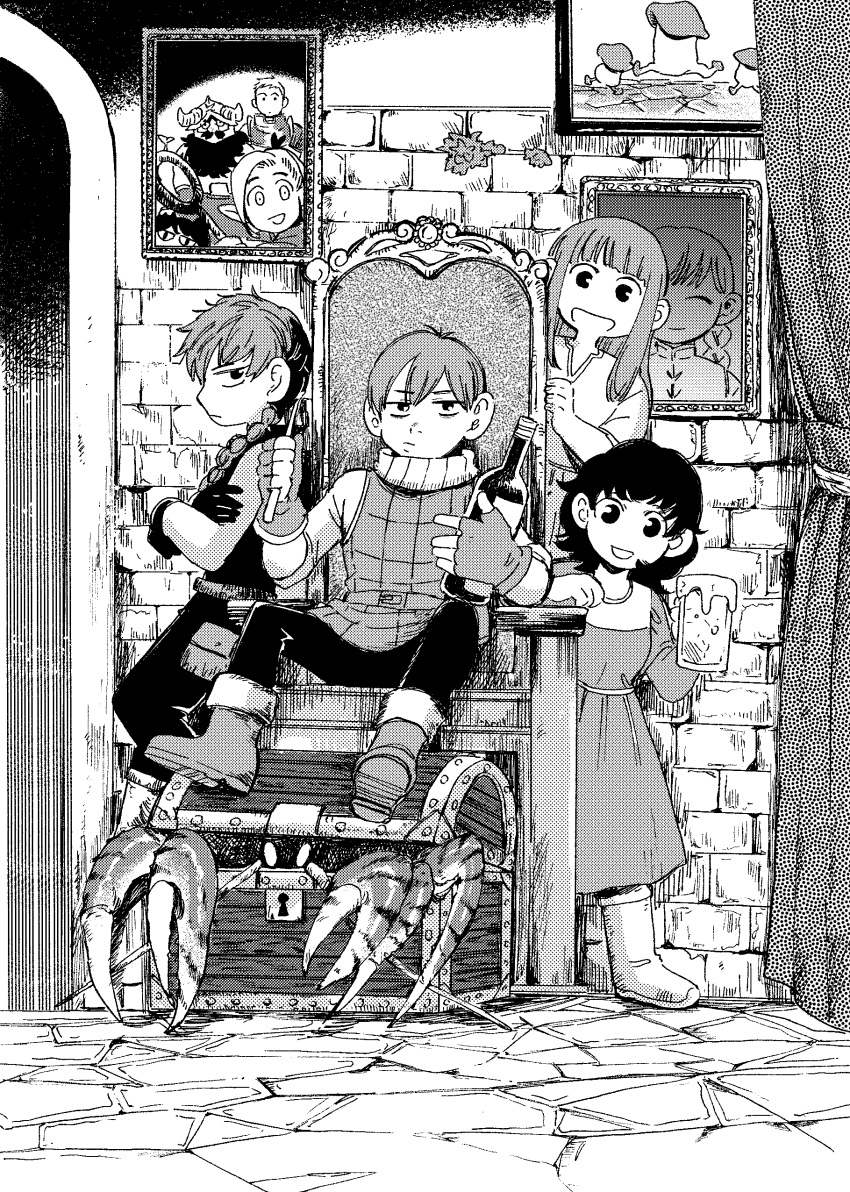 1boy 3girls :d absurdres beer_mug boots bottle braid brick_wall cameo chilchuck crab crossed_arms cup curtains dress dungeon_meshi extra father_and_daughter fingerless_gloves frown fullertom_(dungeon_meshi) gloves greyscale hair_over_shoulder halfling highres holding indoors laios_thorden leaning_back long_hair long_sleeves looking_at_viewer marcille mayjack_(dungeon_meshi) monochrome mug multiple_girls mushroom packpatty_(dungeon_meshi) pants peeking_out petermann photo_(object) picture_frame pouch senshi_(dungeon_meshi) siblings sisters sitting sleeveless smile standing throne treasure_chest vest walking_mushroom_(dungeon_meshi) wine_bottle