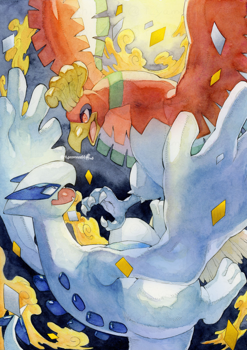 bird black_eyes bright_pupils commentary_request eye_contact highres ho-oh looking_at_another lugia no_humans open_mouth orange_eyes pokemon pokemon_(creature) talons tongue white_pupils yamanashi_taiki