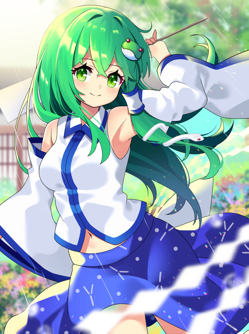 1girl absurdres ahoge arm_up armpits bangs bare_shoulders blue_flower blue_skirt blue_sky blurry blurry_background blush breasts closed_mouth collared_shirt commentary_request crossed_bangs detached_sleeves eyebrows_visible_through_hair eyelashes flower frog_hair_ornament gohei grass green_eyes green_flower green_hair hair_between_eyes hair_ornament hair_tubes hand_up highres kochiya_sanae leaf long_sleeves looking_to_the_side medium_breasts moriya_shrine navel pink_flower purple_flower rain red_flower scenery shirt shrine skirt sky smile snake_hair_ornament solo standing sunlight touhou tree white_shirt wide_sleeves yellow_flower yuujin_(yuzinn333)