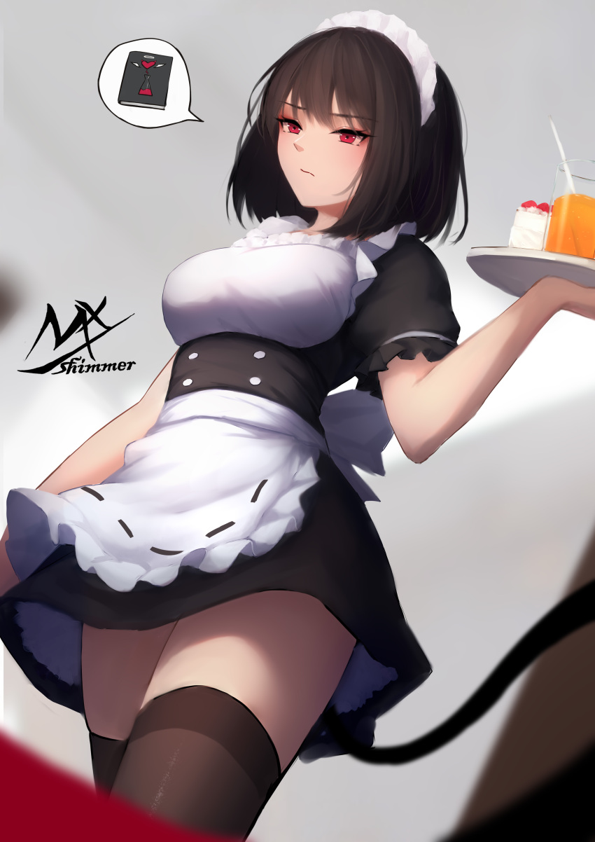 1girl absurdres alternate_costume apron artist_name bangs black-haired_demon_girl_(shimmer) black_dress black_hair blurry blurry_background breasts brown_legwear cake cake_slice closed_mouth commentary cup demon_tail depth_of_field dress drinking_glass drinking_straw enmaided eyebrows_visible_through_hair food frilled_apron frills fruit highres holding holding_tray indoors maid maid_headdress medium_breasts original puffy_short_sleeves puffy_sleeves red_eyes shimmer shirt short_hair short_sleeves signature solo strawberry symbol-only_commentary tail thigh-highs tray waist_apron white_apron white_shirt