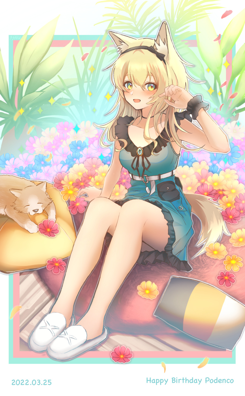 1girl 3_(sanyako1) absurdres animal_ear_fluff animal_ears arknights bangs bare_legs birthday black_bow black_hairband blonde_hair blush bow dated dog dog_ears dog_girl dog_tail dress eyebrows_visible_through_hair floral_background frilled_dress frills full_body green_dress green_eyes hair_between_eyes hair_bow hairband hand_up highres looking_at_viewer pillow podenco_(arknights) podenco_(wake_up_from_a_nap)_(arknights) sitting sleeveless sleeveless_dress slippers solo tail white_footwear wrist_cuffs
