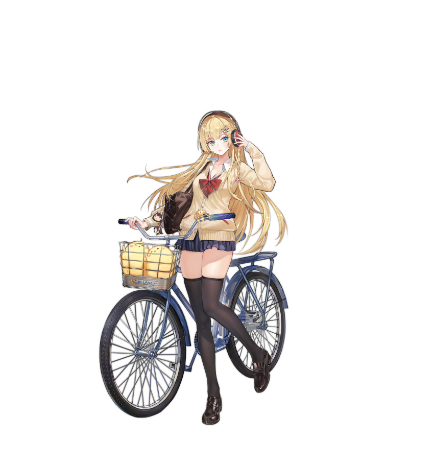 1girl azur_lane bag bicycle black_footwear black_legwear blonde_hair blue_eyes bow bowtie braid criin full_body ground_vehicle hair_ornament headphones highres kongou_(azur_lane) kongou_(breezy_commute)_(azur_lane) long_hair looking_at_viewer manjuu_(azur_lane) official_alternate_costume official_art parted_lips red_bow red_bowtie school_bag school_uniform skirt standing sweater thigh-highs transparent_background