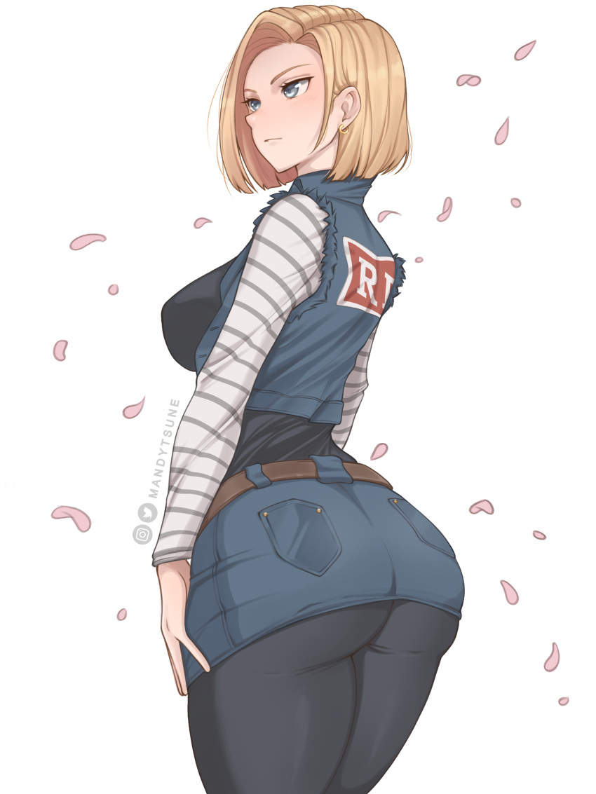 1girl absurdres android_18 artist_name ass blonde_hair blue_eyes breasts closed_mouth denim denim_jacket denim_skirt dragon_ball dragon_ball_z earrings from_behind highres jacket jewelry large_breasts looking_to_the_side mandytsune medium_hair pantyhose petals red_ribbon_army shirt simple_background skirt sleeveless sleeveless_jacket solo striped striped_shirt white_background