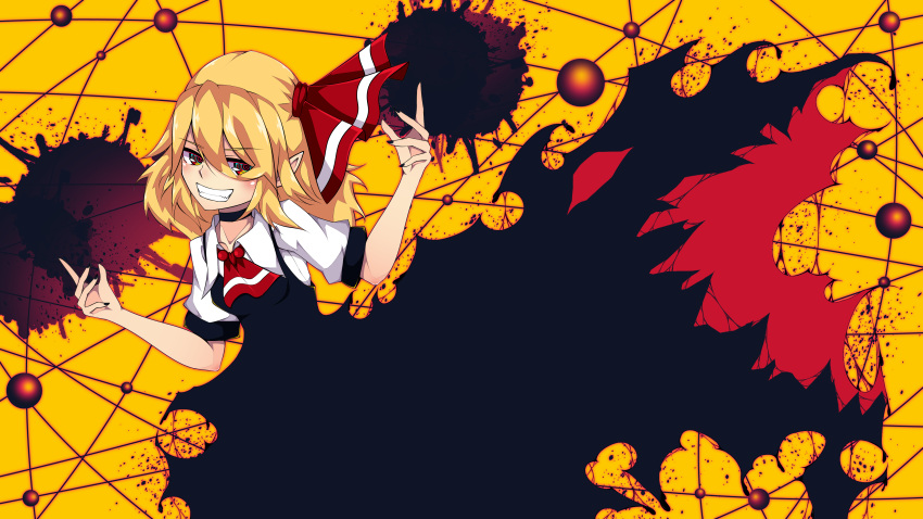 1girl absurdres ascot bangs black_dress black_nails blonde_hair collared_shirt commentary_request darkness dress eyebrows_visible_through_hair fingernails grin hair_between_eyes hair_ribbon highres kuroleo looking_at_viewer medium_hair pointy_ears red_ascot red_eyes red_ribbon ribbon rumia sharp_fingernails shiny shiny_hair shirt short_sleeves sidelocks smile solo touhou upper_body v-shaped_eyebrows white_shirt yellow_background youkai