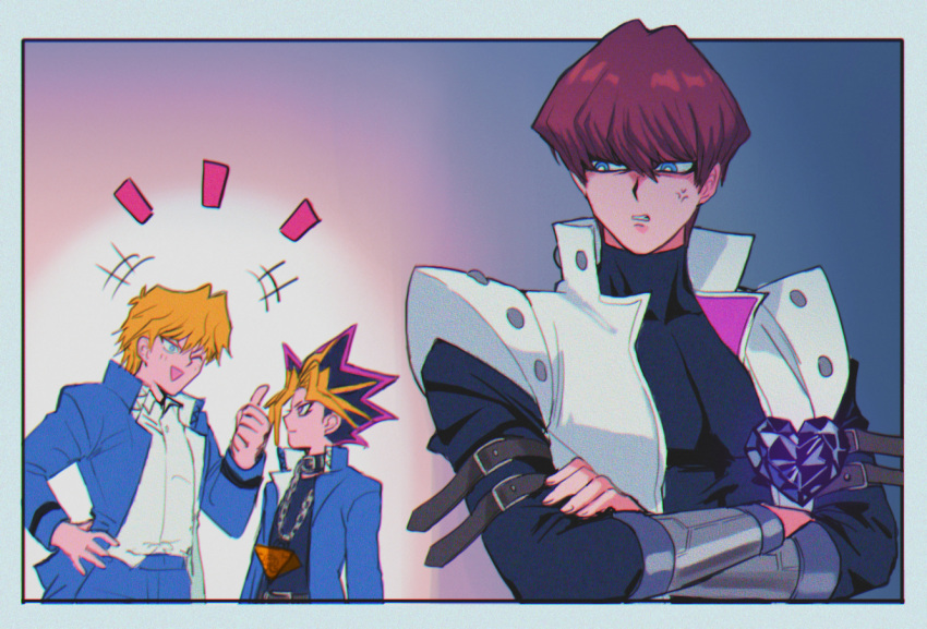 +++ 3boys anger_vein bangs black_hair black_shirt blonde_hair blue_eyes blue_jacket blue_pants border bright_pupils brown_hair buttons chain clenched_teeth closed_mouth coat crossed_arms hand_on_hip jacket jounouchi_katsuya kaiba_seto male_focus millennium_puzzle multiple_boys notice_lines on_(isk1812) open_clothes open_jacket pants purple_hair shirt short_hair sleeveless_coat spiky_hair strap teeth white_coat white_pupils white_shirt yami_yuugi yu-gi-oh! yu-gi-oh!_duel_monsters