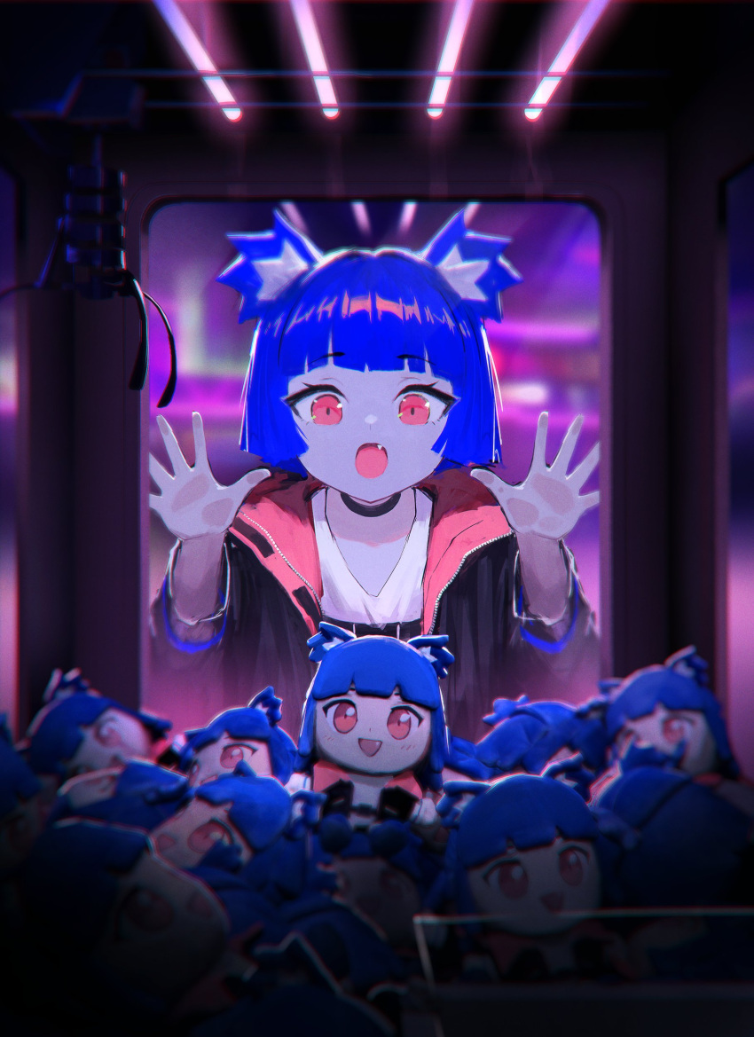 1girl :o absurdres against_glass against_window animal_ears arcade bangs black_choker black_jacket blue_hair blunt_bangs blurry blurry_background blurry_foreground ceiling_light character_doll choker commentary crane_game english_commentary eyebrows_visible_through_hair fang fluorescent_lamp gris_(vertigris) highres indoors jacket long_sleeves looking_down neon_lights open_clothes open_jacket original red_eyes shirt short_hair solo straight-on vertigris white_shirt zipper