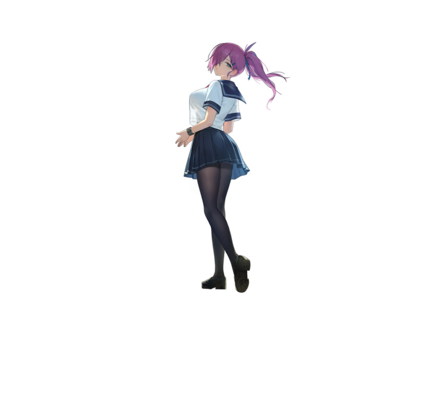 1girl azur_lane bangs black_footwear black_legwear breasts dot_mouth from_behind full_body green_eyes hair_intakes hair_ornament hair_over_one_eye hairclip heel_up highres large_breasts loafers long_hair looking_at_viewer looking_back manjuu_(azur_lane) miniskirt mole mole_under_eye necktie official_art one_eye_covered own_hands_together pantyhose pleated_skirt ponytail purple_hair romana school_uniform see-through shirt_overhang shoes short_sleeves skirt steepled_fingers swept_bangs tied_hair transparent_background trento_(azur_lane) trieste_(azur_lane) trieste_(rooftop_lunch_break)_(azur_lane) very_long_hair watch watch