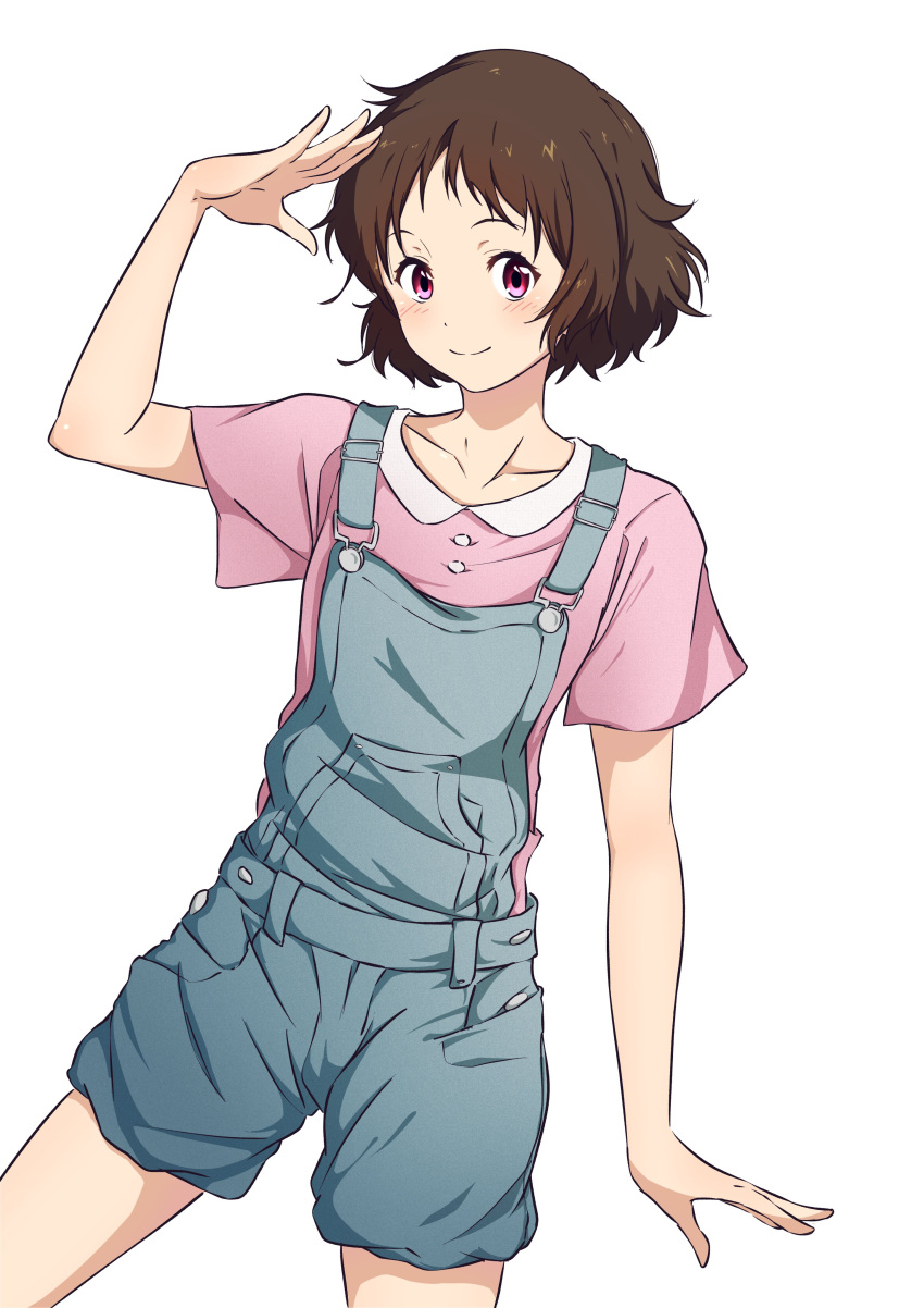 1girl absurdres arm_up brown_hair collared_shirt commentary_request cowboy_shot hand_to_head highres hyouka ibara_mayaka light_blush looking_at_viewer nijizuki_shino overalls pink_shirt salute shirt short_hair simple_background smile solo standing violet_eyes white_background