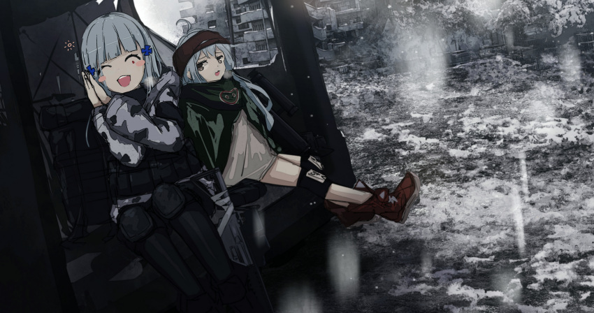 2girls absurdres assault_rifle bangs black_footwear black_legwear blush blush_stickers closed_eyes commentary_request day full_body g11_(girls'_frontline) girls_frontline green_jacket grey_eyes grey_hair gun h&amp;k_g11 h&amp;k_hk416 hair_between_eyes hair_ornament highres hk416_(fang)_(girls'_frontline) hk416_(girls'_frontline) jacket kilabo long_hair looking_at_another multiple_girls no_headwear no_helmet open_mouth outdoors own_hands_clasped own_hands_together pantyhose rifle shoes silver_hair sitting smile sneakers uniform weapon winter_uniform