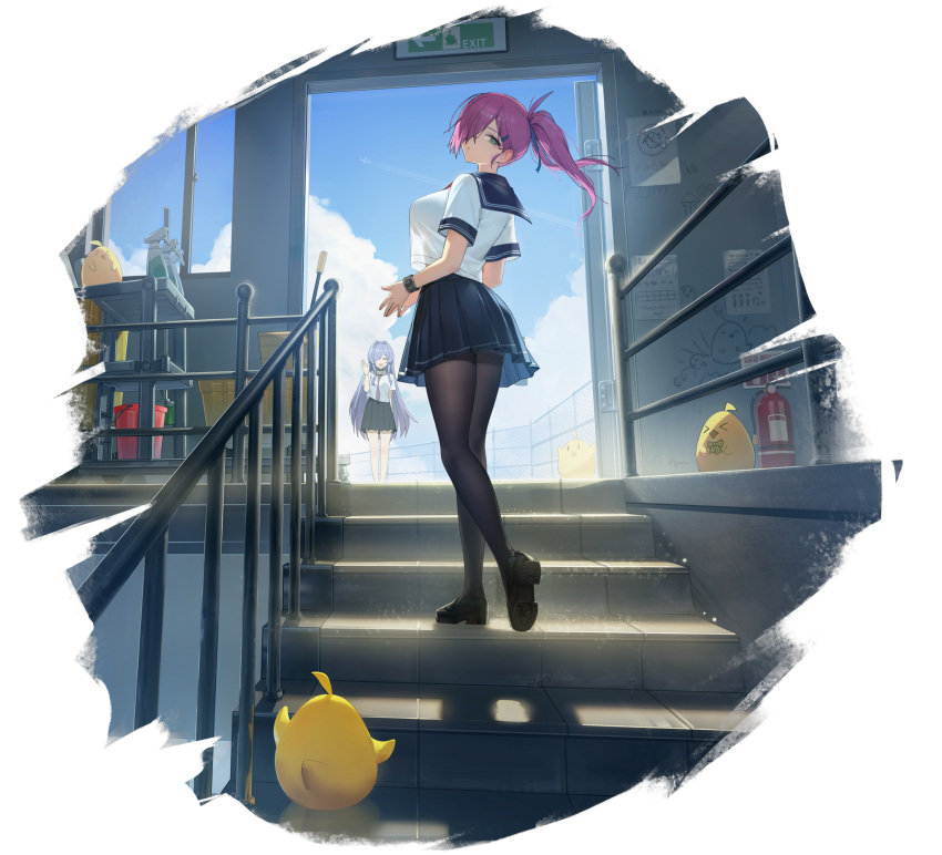 2girls azur_lane bangs black_footwear black_legwear blue_sky breasts clouds cloudy_sky day dot_mouth fence fire_extinguisher from_behind full_body graffiti green_eyes hair_intakes hair_ornament hair_over_one_eye hairclip heel_up highres large_breasts loafers logo long_hair looking_at_viewer looking_back manjuu_(azur_lane) miniskirt mole mole_under_eye multiple_girls necktie official_art one_eye_covered open_door own_hands_together pantyhose pleated_skirt ponytail purple_hair romana school_uniform see-through see-through_silhouette shadow shiny shiny_hair shirt_overhang shoes short_sleeves skirt sky solo_focus stairs steepled_fingers swept_bangs tied_hair transparent_background trento_(azur_lane) trieste_(azur_lane) trieste_(rooftop_lunch_break)_(azur_lane) very_long_hair watch watch waving window