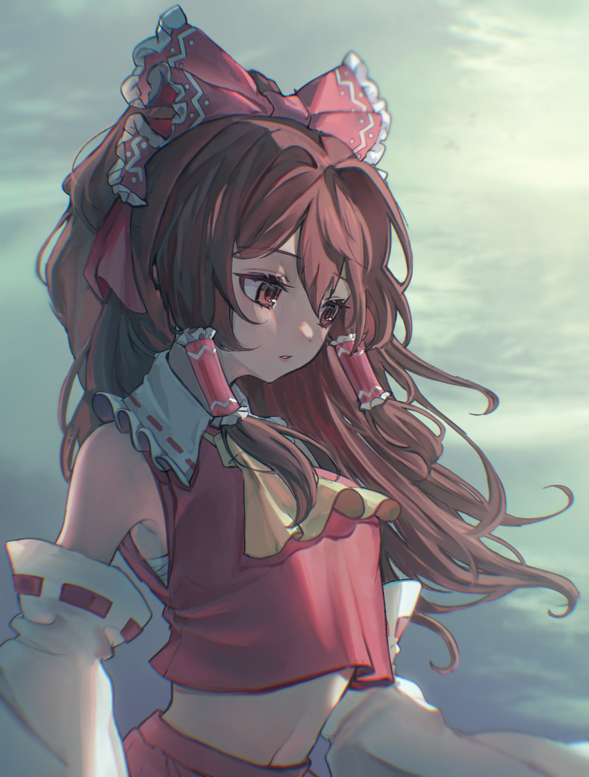 1girl armpits ascot bare_shoulders bow brown_hair chest_sarashi clouds cloudy_sky collar detached_sleeves eyebrows_visible_through_hair frilled_bow frilled_hair_tubes frills gensokyo hair_bow hair_tubes hakurei_reimu highres japanese_clothes large_bow long_hair miko navel nontraditional_miko qiu_ju red_bow red_eyes red_shirt red_skirt ribbon-trimmed_sleeves ribbon_trim sarashi shirt sidelocks skirt skirt_set sky sleeveless solo touhou white_collar wide_sleeves wind yellow_ascot