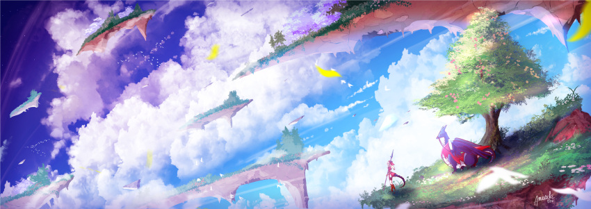 1girl amatsuki_rei bird blonde_hair blue_sky clouds day dragon dragon_tail fantasy floating_island flock grass highres long_hair original outdoors polearm red_footwear reins scenery signature sky spear standing tail tree weapon