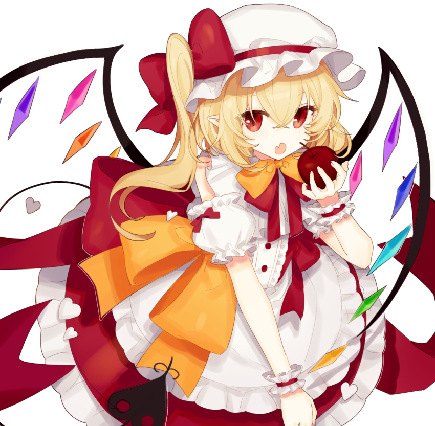 1girl apple blonde_hair blush bow cot_(co2cotton) flandre_scarlet food frills fruit hat hat_bow highres holding holding_food long_hair looking_at_viewer mob_cap open_mouth pointy_ears puffy_short_sleeves puffy_sleeves red_bow red_eyes short_sleeves skirt solo touhou white_background white_headwear wings wrist_cuffs