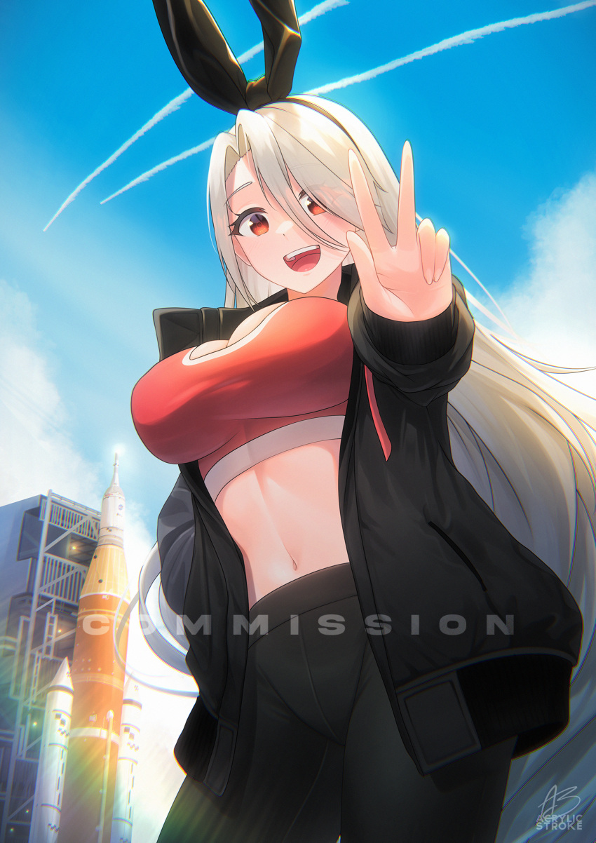 1girl :d acrylicstroke animal_ears azur_lane black_jacket black_pants blue_sky braid breasts clouds cloudy_sky commission crop_top gym_uniform hair_ribbon hand_in_pocket hand_on_hip highres jacket large_breasts long_hair pants prinz_heinrich_(azur_lane) rabbit_ears red_eyes ribbon rocket sky smile solo tight tight_pants v very_long_hair white_hair