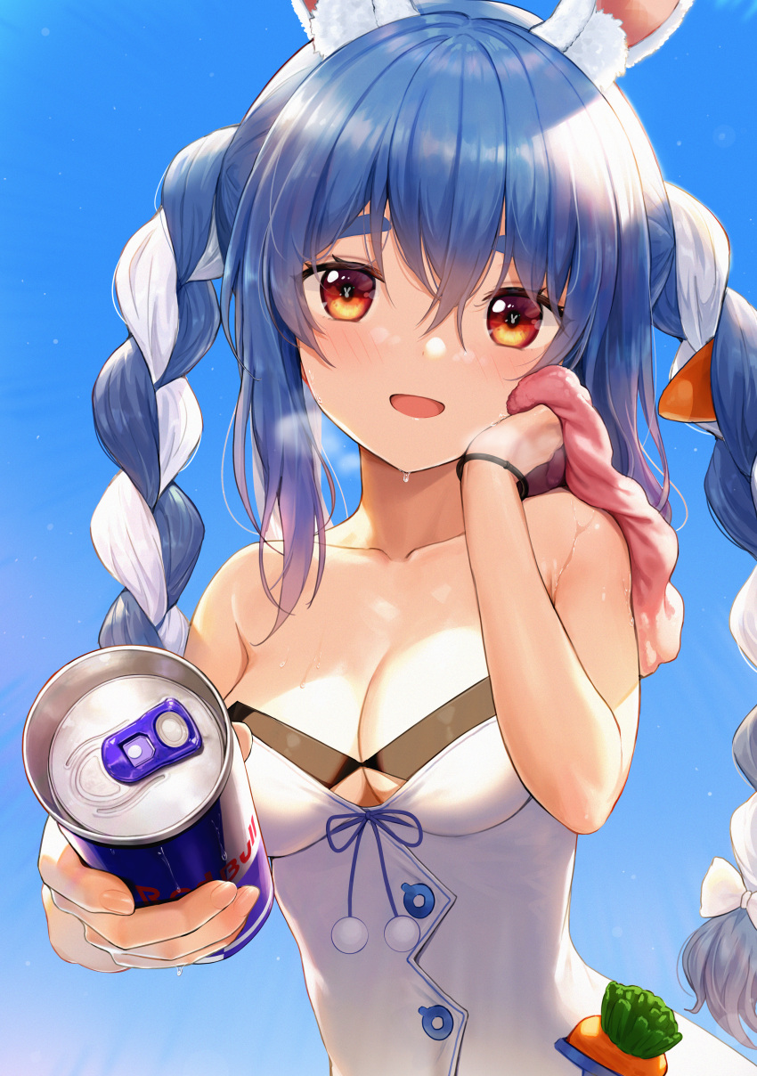 1girl armband blue_hair blush carrot giving heavy_breathing holding hololive looking_at_viewer rabbit_ears rabbit_girl red_eyes simple_background soda_can steam sweat towel twintails usada_pekora virtual_youtuber wiping_face wiping_sweat