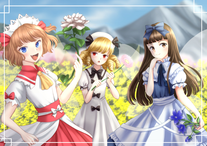 3girls apron ascot bangs belt black_bow black_bowtie black_ribbon blonde_hair blue_bow blue_bowtie blue_dress blue_eyes blue_sky blush bow bowtie breasts brown_eyes brown_hair capelet closed_mouth clouds cloudy_sky collared_dress commentary_request dress dress_bow eyebrows_visible_through_hair eyelashes fairy fairy_wings fang flower frills grey_capelet hair_between_eyes hair_bow hair_ribbon hand_up hands_up hat hat_ribbon headdress kyabekko leaf light_brown_hair long_hair looking_at_another looking_at_viewer luna_child medium_breasts mountain multiple_girls open_mouth pink_flower puffy_short_sleeves puffy_sleeves purple_flower red_belt red_bow red_dress red_eyes red_ribbon ribbon scenery shirt short_hair short_sleeves short_twintails sky smile standing star_sapphire sunflower sunny_milk tongue touhou twintails white_apron white_bow white_flower white_headwear white_shirt wings yellow_ascot yellow_flower