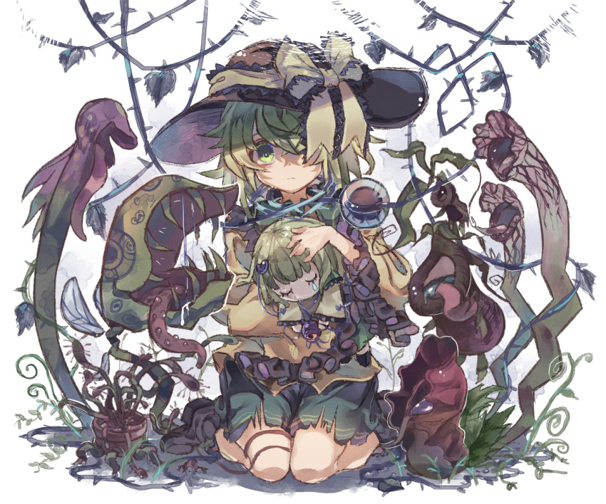 1girl bangs black_footwear black_headwear blouse boots closed_mouth collared_blouse commentary_request eyeball eyebrows_behind_hair frilled_shirt_collar frilled_sleeves frills frown full_body green_eyes green_hair green_skirt hair_between_eyes hat hat_ribbon heart heart_of_string komeiji_koishi long_sleeves looking_at_viewer medium_hair messy_hair plant plant_request ribbon seiza sekisei_(superego51) sidelocks simple_background sitting skirt solo third_eye thorns touhou venus_flytrap vines wavy_hair white_background wide_sleeves yellow_blouse yellow_ribbon