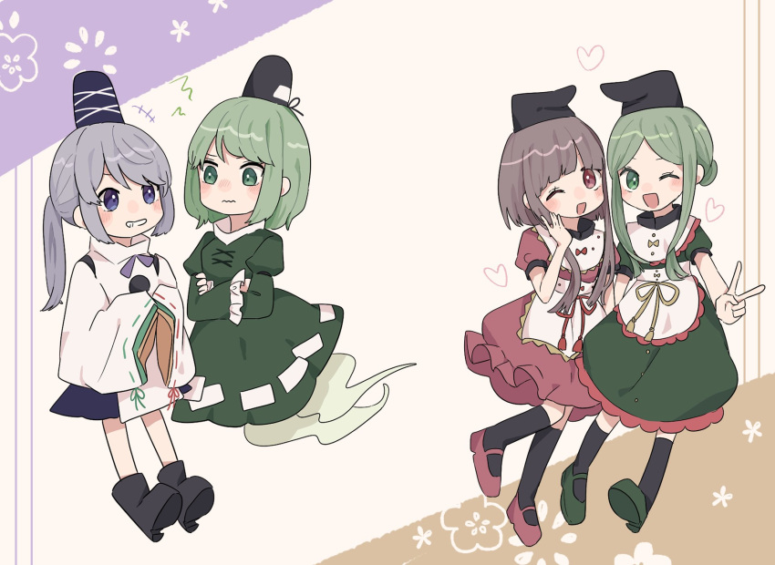 4girls apron arm_up bangs black_headwear black_legwear black_ribbon blue_eyes blue_headwear blush boots bow bowtie breasts brown_background brown_hair buttons chibi closed_mouth commentary_request cross crossed_arms detached_sleeves dress eyebrows_visible_through_hair eyelashes flying full_body ghost_tail green_dress green_eyes green_footwear green_hair grey_hair hair_between_eyes hand_up hands_up hat hat_ribbon heart highres japanese_clothes juliet_sleeves kariginu kneehighs long_hair long_sleeves looking_at_another looking_at_viewer medium_breasts mononobe_no_futo multiple_girls nishida_satono one_eye_closed open_mouth own_hands_together pink_dress pink_eyes pink_footwear pom_pom_(clothes) ponytail puffy_short_sleeves puffy_sleeves purple_background purple_bow purple_bowtie red_bow ribbon shirt shoes short_hair short_hair_with_long_locks short_sleeves smile soga_no_tojiko standing suzushiro_(daikon793) teeth teireida_mai touhou v white_apron white_background white_shirt wide_sleeves yellow_bow