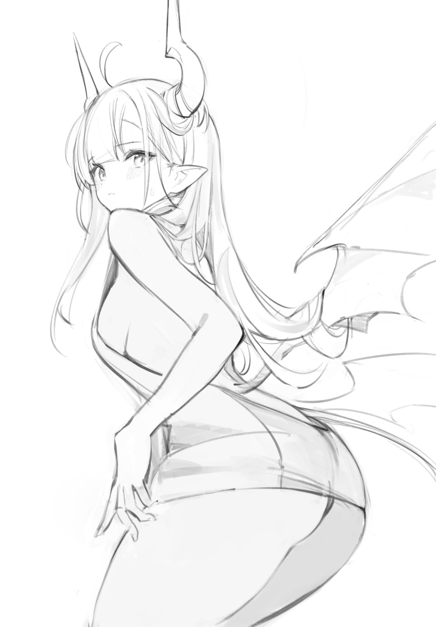 1girl ass breasts closed_mouth from_behind from_side greyscale highres horns looking_at_viewer looking_to_the_side meme_attire monochrome nekojira original pointy_ears sideboob simple_background solo sweatdrop thea_(nekojira) virgin_killer_sweater white_background wings