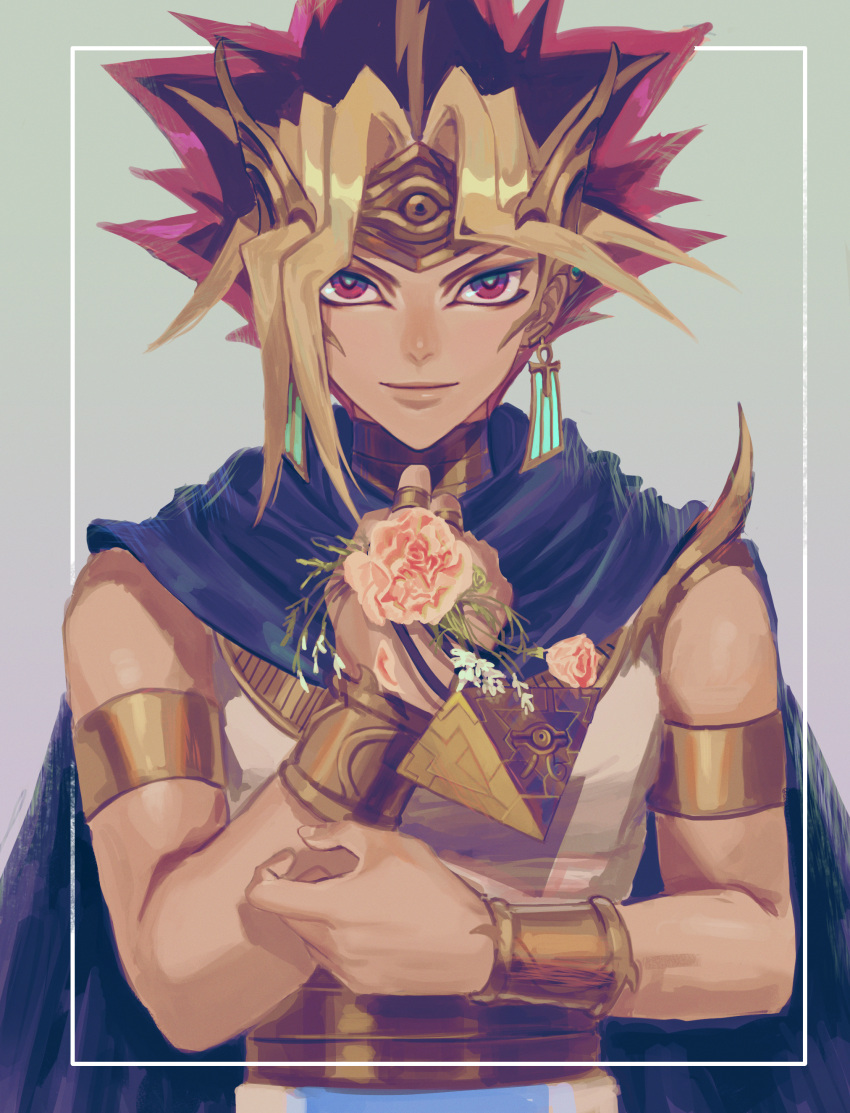 1boy absurdres armlet atem black_hair blonde_hair cape closed_mouth commentary earrings flower framed hands_up highres holding holding_flower jewelry looking_at_viewer male_focus millennium_puzzle on_(isk1812) pink_flower smile solo spiky_hair upper_body yu-gi-oh! yu-gi-oh!_duel_monsters