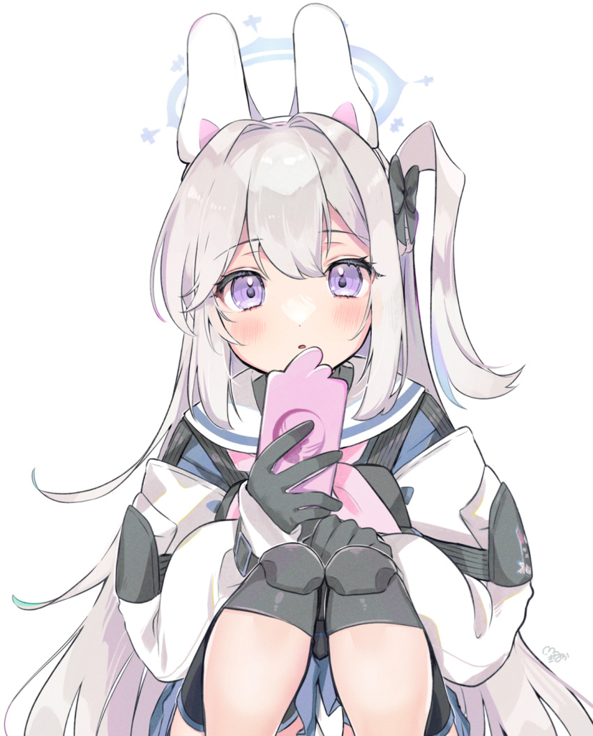 0x0_srnk 1girl animal_ears black_bow black_gloves blue_archive blush bow detached_sleeves fake_animal_ears gloves hair_bow halo highres holding holding_phone knee_pads long_hair long_sleeves looking_at_viewer miyako_(blue_archive) neckerchief one_side_up parted_lips phone pink_neckerchief rabbit_ears sailor_collar simple_background solo tactical_clothes violet_eyes white_background white_hair white_sailor_collar