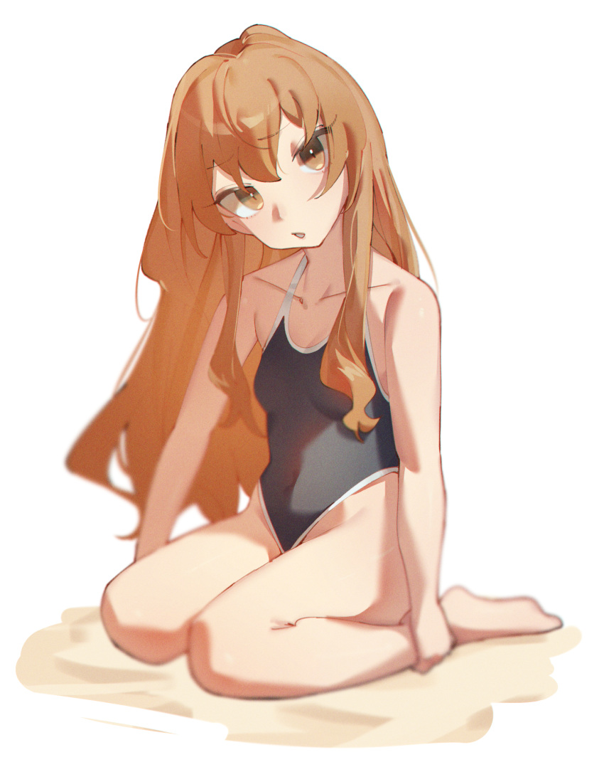 1girl aisaka_taiga bangs black_swimsuit blurry breasts brown_eyes brown_hair commentary eyebrows_visible_through_hair full_body hands_on_own_legs head_tilt highres kurokiri6630 long_hair one-piece_swimsuit parted_lips school_swimsuit seiza simple_background sitting small_breasts solo swimsuit toradora! white_background