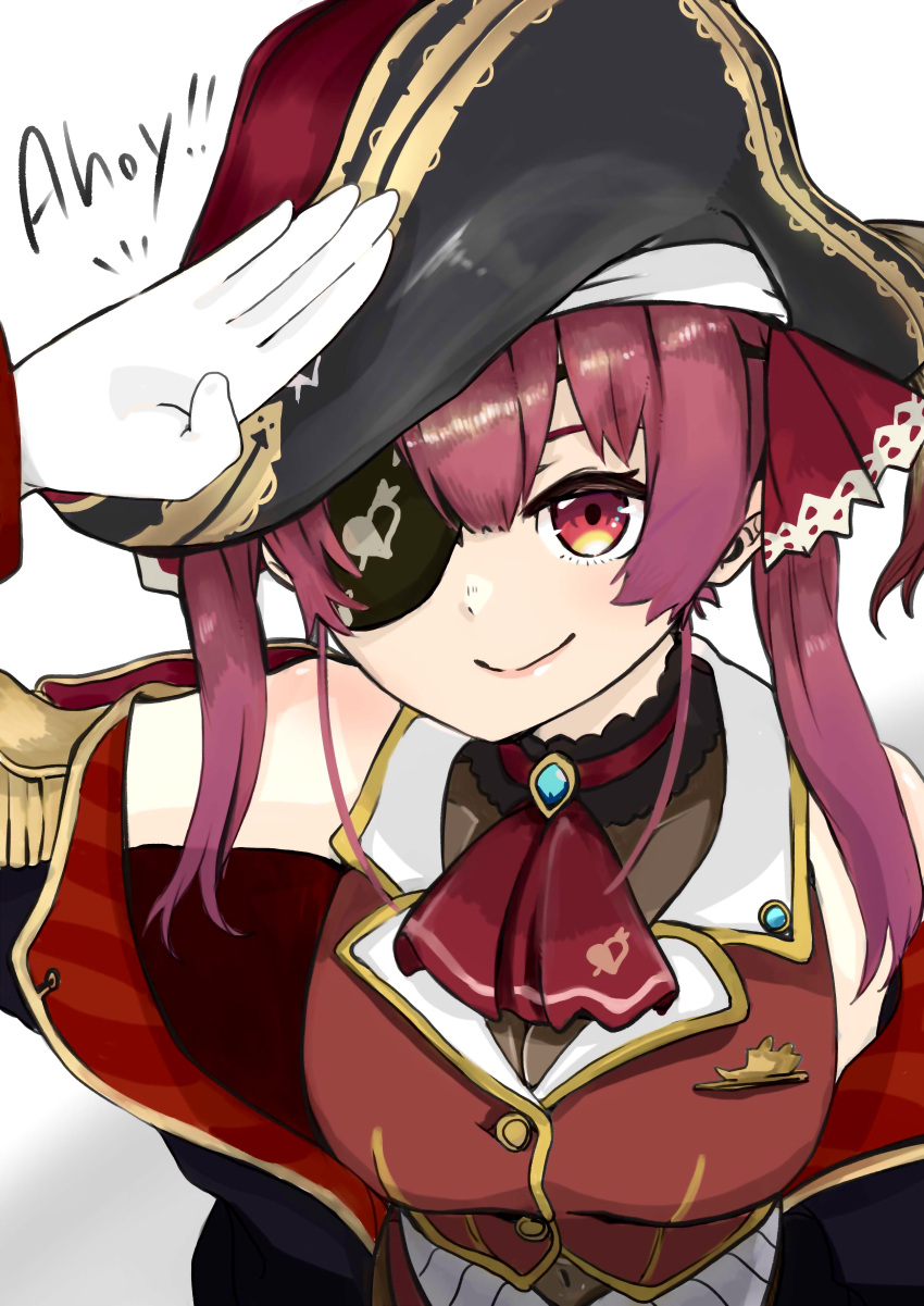 1girl absurdres bangs breasts closed_mouth clothing_cutout eyebrows_behind_hair eyepatch gloves hair_between_eyes hair_ornament heart highres hololive houshou_marine jacket jewelry large_breasts lipgloss looking_at_viewer navel navel_cutout ogino_yuu open_clothes open_jacket pirate_costume purple_hair red_eyes salute smile solo twintails virtual_youtuber
