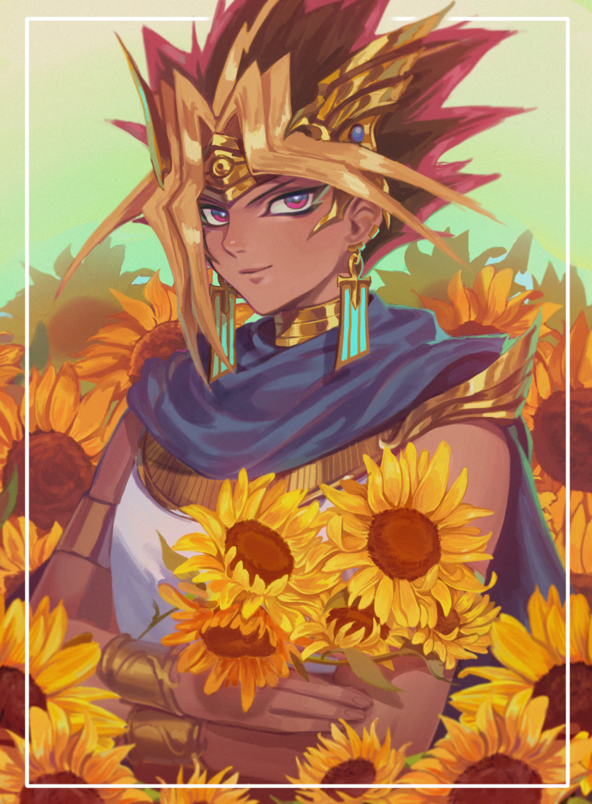 1boy atem blonde_hair blurry brown_hair cape closed_mouth commentary dark-skinned_male dark_skin earrings flower framed highres holding holding_flower jewelry looking_at_viewer male_focus on_(isk1812) purple_hair shiny shiny_hair short_hair smile solo sunflower upper_body violet_eyes yu-gi-oh! yu-gi-oh!_duel_monsters