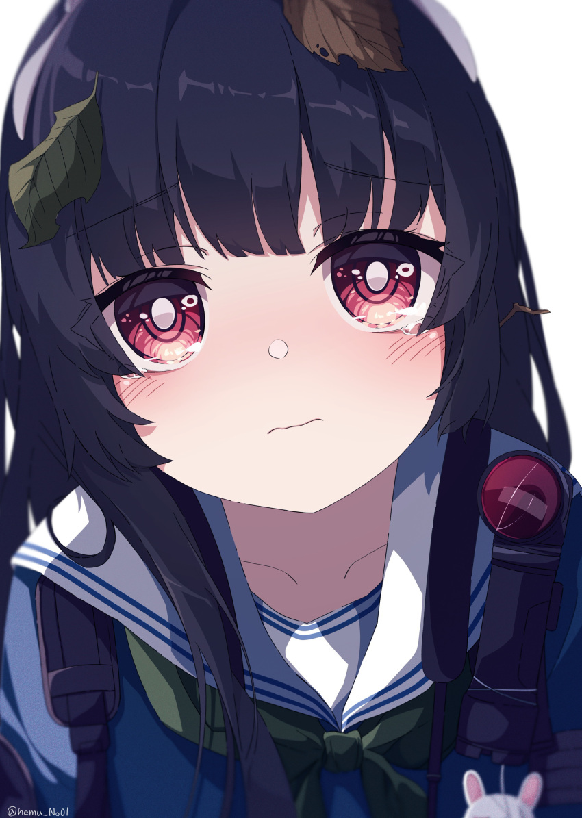 1girl absurdres black_hair blue_archive blue_shirt closed_mouth crying crying_with_eyes_open eyebrows_visible_through_hair hair_between_eyes highres leaf long_hair miyu_(blue_archive) nemu_no1 red_eyes school_uniform shirt tears white_background