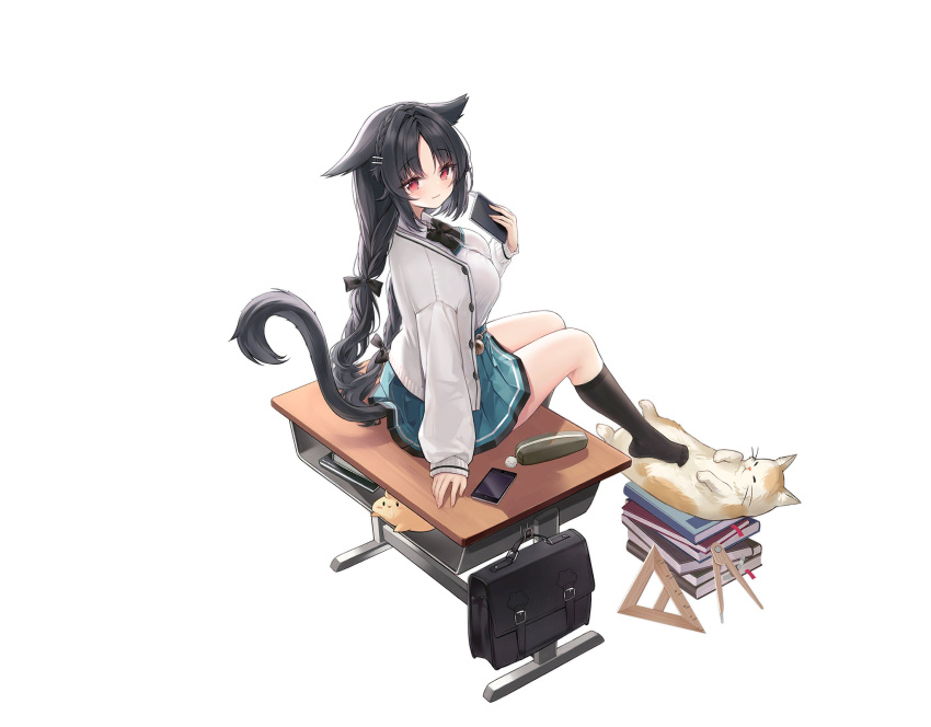 1girl :3 alic_miao alternate_costume animal_ears azur_lane bag black_hair book braid breasts cat cat_ears cat_girl cat_tail cellphone desk green_skirt highres large_breasts long_hair long_sleeves looking_at_viewer manjuu_(azur_lane) notebook official_alternate_costume official_art on_desk ooshio_(azur_lane) ooshio_(let's_'ave_lunch)_(azur_lane) pencil_case phone red_eyes school_bag school_desk school_uniform shirt sitting sitting_on_desk skirt smartphone smile square tail transparent_background triangle twin_braids white_shirt