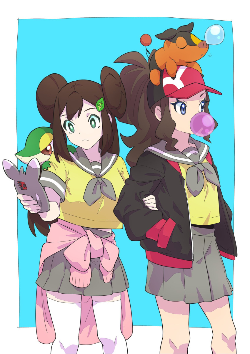 2girls alternate_costume bangs blue_background border bright_pupils brown_hair bubble_blowing closed_mouth clothes_around_waist commentary_request double_bun eyelashes frown green_eyes hair_ornament hairclip hat high_ponytail highres hilda_(pokemon) holding holding_phone jacket knees long_hair multiple_girls nose_bubble on_head open_clothes open_jacket phone pkpokopoko3 pleated_skirt pokemon pokemon_(creature) pokemon_(game) pokemon_bw pokemon_bw2 pokemon_on_head rosa_(pokemon) sailor_collar school_uniform shirt short_sleeves sidelocks skirt snivy tepig thigh-highs white_border white_legwear yellow_shirt