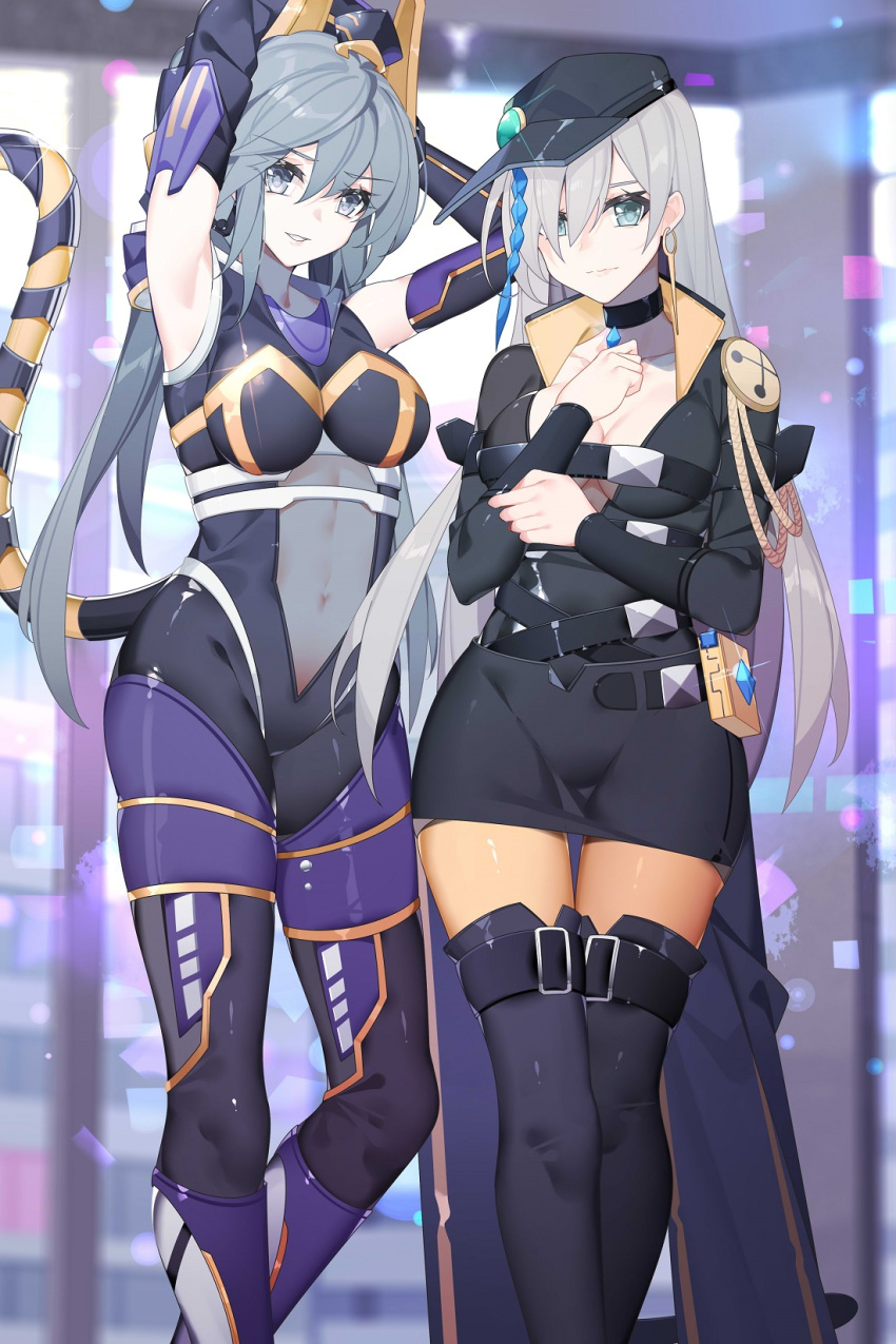 2girls arms_behind_head arms_up belly belt black_legwear blue_eyes blue_hair bodysuit braid breasts cape chinese_commentary choker duel_monster earrings elbow_gloves fake_tail feet_out_of_frame glint gloves grey_eyes grey_hair hair_over_one_eye hat highres i:p_masquerena jewelry leg_belt long_hair multicolored_hair multiple_girls nami_qi navel official_alternate_costume pantyhose parted_lips single_braid tail thigh-highs two-tone_hair witchcrafter_haine yu-gi-oh!