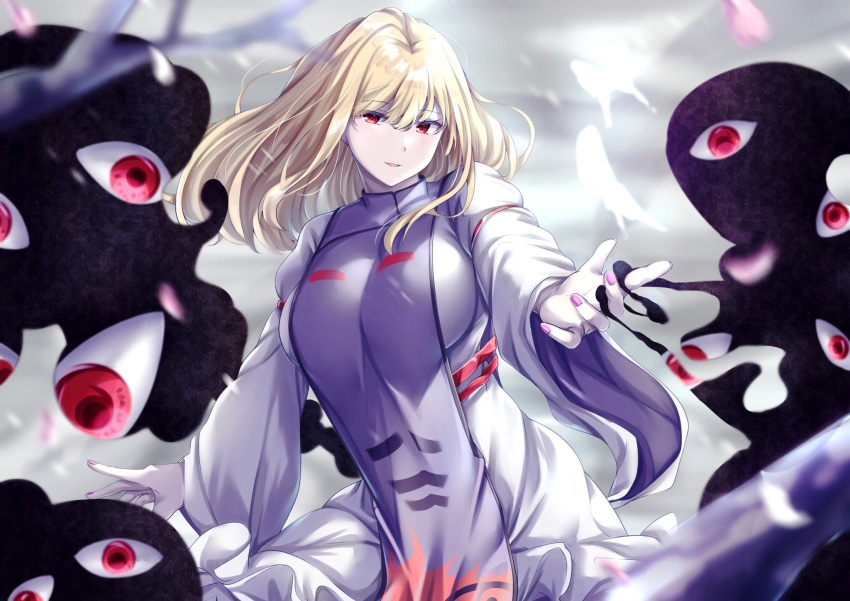 1girl bangs blonde_hair breasts dress eyebrows_visible_through_hair gap_(touhou) highres large_breasts long_hair long_sleeves looking_at_viewer mirufui nail_polish no_hat no_headwear red_eyes red_nails smile tabard touhou white_dress wide_sleeves yakumo_yukari