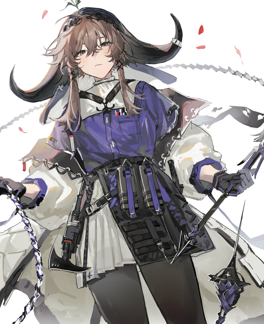 1girl absurdres arknights axe bangs black_gloves black_legwear black_skirt brown_hair closed_mouth coat cow_horns dutch_angle flail gloves green_eyes hair_between_eyes highres holding holding_weapon horns long_hair long_sleeves looking_at_viewer lyas open_clothes open_coat pallas_(arknights) pantyhose puffy_long_sleeves puffy_sleeves purple_shirt shirt sidelocks simple_background skirt solo standing weapon white_background white_coat
