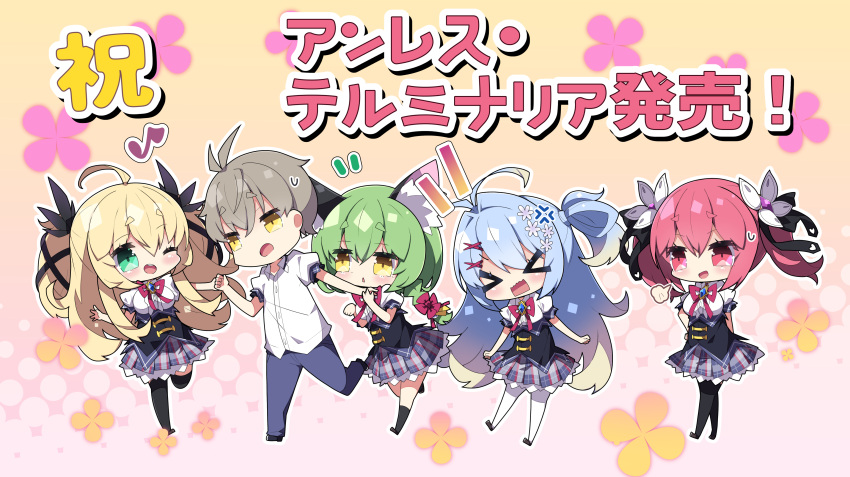 &gt;_&lt; 1boy 4girls :d absurdres ahoge anger_vein antenna_hair bangs black_legwear blonde_hair blue_hair blue_pants braid breasts brown_hair character_request chibi closed_eyes collared_shirt commentary_request dress_shirt eighth_note eyebrows_visible_through_hair floral_background flower gradient_hair green_eyes grey_skirt hair_between_eyes hair_flower hair_ornament hairclip halftone halftone_background highres light_brown_hair long_hair medium_breasts mikuriya_ren milkpanda multicolored_hair multiple_girls musical_note neck_ribbon notice_lines outline pants pantyhose parted_lips plaid plaid_skirt pleated_skirt puffy_short_sleeves puffy_sleeves red_ribbon ribbon rina_(unless_terminalia) running school_uniform shirt short_eyebrows short_sleeves single_braid skirt smile tachibana_charon_(unless_terminalia) thick_eyebrows translation_request twintails two_side_up unless_terminalia very_long_hair wavy_hair white_flower white_legwear white_outline white_shirt x_hair_ornament yellow_eyes
