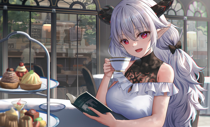 1girl :d bangs bare_shoulders black_bow blush book bow breasts building cafe chair commentary cup cupcake day english_commentary eyebrows_visible_through_hair food frilled_shirt frills hair_bow highres holding holding_book holding_cup horns large_breasts long_hair looking_at_viewer open_book open_mouth original outdoors red_eyes shirt silver_hair sion_(9117) sitting smile solo_focus table teacup tiered_tray upper_body very_long_hair white_shirt window