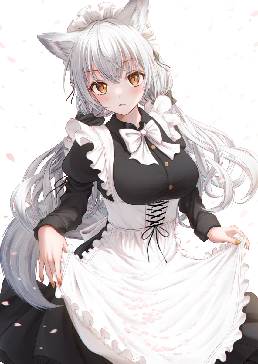 1girl absurdres animal_ear_fluff animal_ears apron bae.c bangs black_dress blush bow bowtie breasts brown_eyes dress english_commentary extra_ears frilled_apron frills highres juliet_sleeves large_breasts long_hair long_sleeves looking_at_viewer maid maid_headdress mixed-language_commentary nail_polish original parted_lips pinafore_dress puffy_sleeves silver_hair skirt_basket skirt_hold solo tail very_long_hair white_apron white_background white_bow white_bowtie wolf_ears wolf_tail yellow_nails
