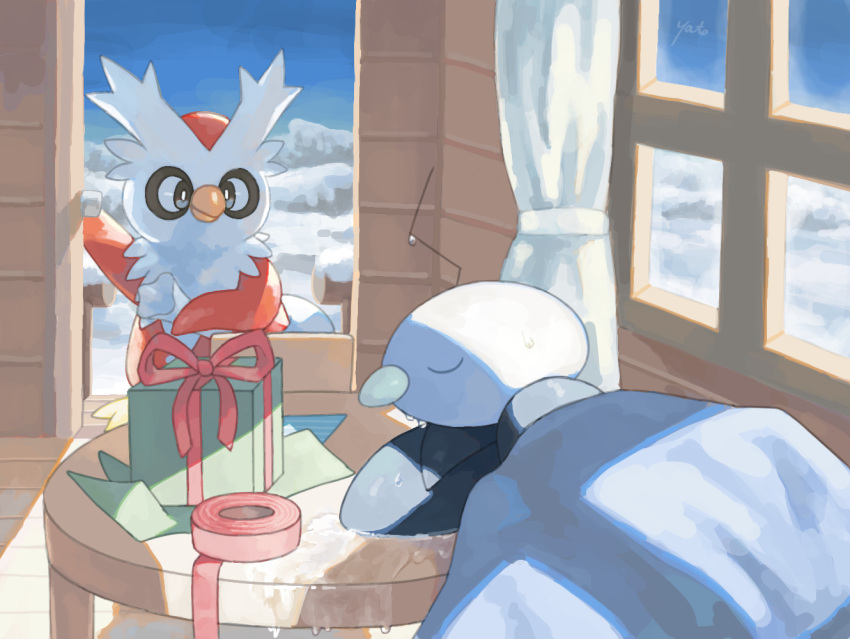 bird black_eyes blanket box bright_pupils christmas closed_eyes closed_mouth commentary_request curtains day delibird eiscue eiscue_(noice) gift gift_box happi_xfyg no_humans pokemon pokemon_(creature) red_ribbon ribbon signature sky sleeping smile snow table u_u water wet white_pupils window wooden_floor