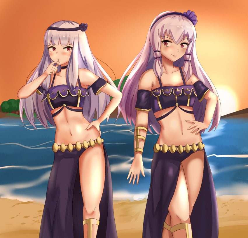 2girls absurdres breasts closed_mouth eyebrows_visible_through_hair fire_emblem fire_emblem:_three_houses hair_ornament highres long_hair looking_at_viewer lysithea_von_ordelia multiple_girls ocean open_mouth pink_eyes small_breasts smile swimsuit very_long_hair white_hair yuuki_aoi zipperqr