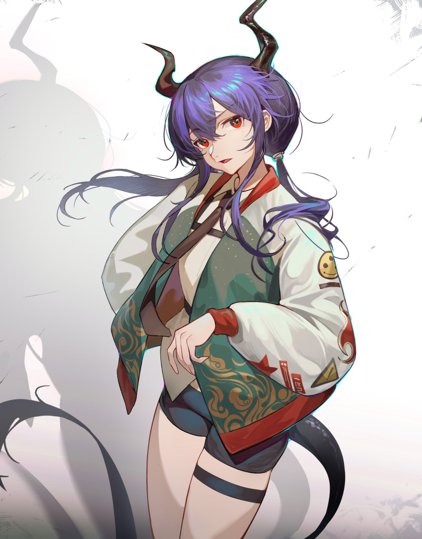 1girl absurdres alternate_costume arknights black_necktie black_shorts blue_hair ch'en_(arknights) collared_shirt commentary_request dragon_girl dragon_horns dragon_tail eyebrows_visible_through_hair green_jacket hachisan hair_between_eyes highres horns jacket long_sleeves looking_at_viewer low_twintails multicolored_clothes multicolored_jacket necktie open_clothes open_jacket open_mouth red_eyes red_jacket shadow shirt short_shorts shorts simple_background solo tail thigh_strap twintails white_background white_jacket white_shirt