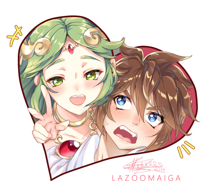 1boy 1girl artist_name blue_eyes brown_hair dated eyebrows_visible_through_hair green_eyes green_hair hair_ornament heart jewelry kid_icarus kid_icarus_uprising lazoomaiga palutena pit_(kid_icarus) signature smile teeth v white_background