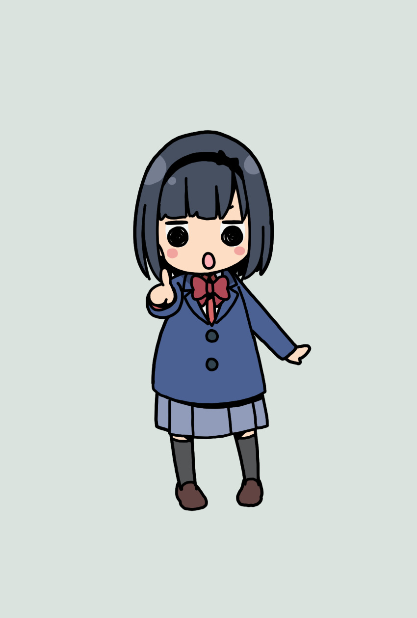 1girl bangs black_hair black_hairband black_legwear blue_jacket blue_skirt blunt_bangs blush_stickers bow bowtie brown_footwear chibi commentary_request full_body hairband highres hitoribocchi_no_marumaru_seikatsu jacket katsuwo_(cr66g) kurai_kako long_sleeves open_mouth pleated_skirt pointing pointing_at_viewer red_bow red_bowtie school_uniform shoes short_hair simple_background skirt solo standing thigh-highs